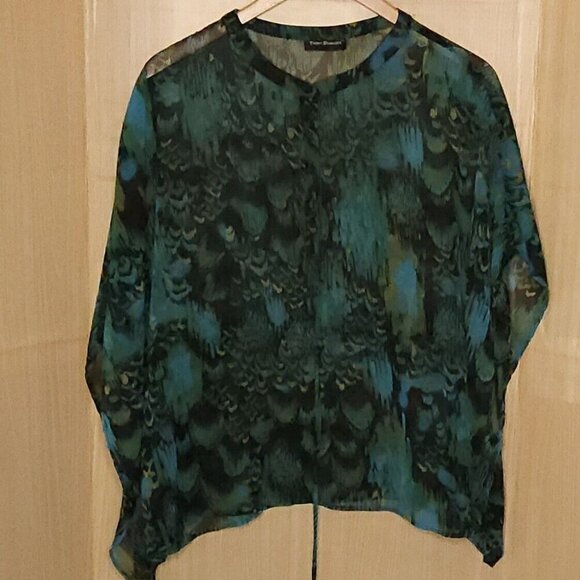 Travel Elements Green Black Sheer Poncho Style Top Medium - Picture 1 of 7